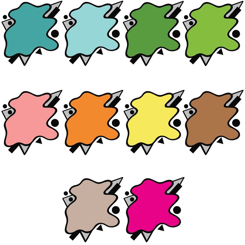 Puede incluir: Ocho formas abstractas de colores con un contorno negro y un fondo blanco. Cada forma tiene un c&iacute;rculo negro y un tri&aacute;ngulo gris en su interior.