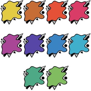 Puede incluir: Ocho formas abstractas de colores con un dise&ntilde;o geom&eacute;trico en blanco y negro. Las formas son de color amarillo, naranja, rojo, rosa, morado, azul, turquesa y verde.