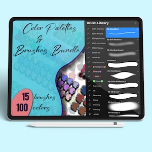 May include: A digital tablet screen displaying a collection of 15 brushes and 100 color palettes. The screen shows a list of brush names and previews of each brush stroke. The text "Color Palettes & Brushes Bundle" is displayed at the top of the screen.