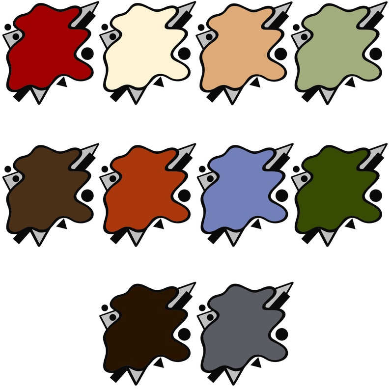 Puede incluir: Diez formas abstractas en varios colores, incluyendo rojo, marr&oacute;n, beige, verde, azul y gris. Cada forma est&aacute; delineada en negro y tiene un c&iacute;rculo negro y un tri&aacute;ngulo en su interior.