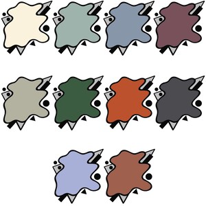 Puede incluir: Un conjunto de diez muestras de color en una variedad de tonos, incluyendo beige, verde, azul, morado, gris, marr&oacute;n, naranja y azul claro. Cada muestra tiene la forma de una mancha con un c&iacute;rculo negro y un tri&aacute;ngulo gris en el lateral.