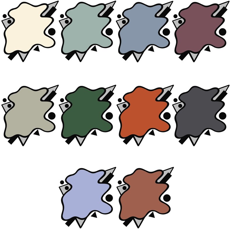 Puede incluir: Un conjunto de diez muestras de color en una variedad de tonos, incluyendo beige, verde, azul, morado, gris, marr&oacute;n, naranja y azul claro. Cada muestra tiene la forma de una mancha con un c&iacute;rculo negro y un tri&aacute;ngulo gris en el lateral.