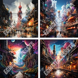 May include: A digital art collage of four different cityscapes with a futuristic and whimsical aesthetic. Each cityscape features a unique color palette and architectural style, with floating orbs and other fantastical elements.