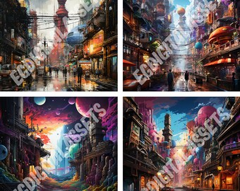 Conjunto de 4 láminas de estilo cyberpunk distópico / Megaestructuras intrincadas / Arte mural de ciencia ficción oscura