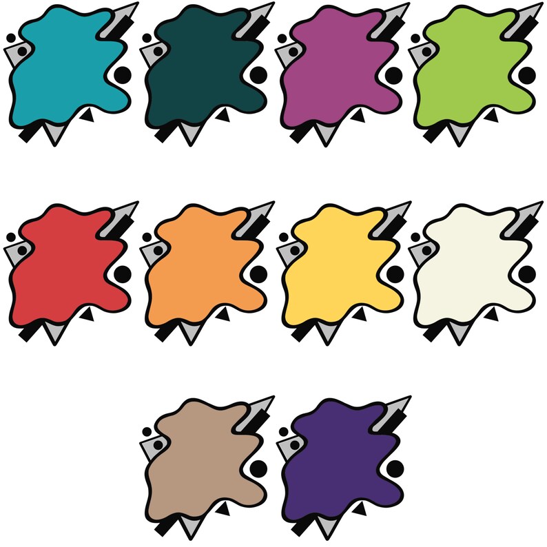 Puede incluir: Diez formas abstractas de colores con un contorno negro y un c&iacute;rculo negro en el centro de cada forma. Las formas son de los siguientes colores: azul verdoso, verde oscuro, morado, verde claro, rojo, naranja, amarillo, crema, marr&oacute;n y morado.