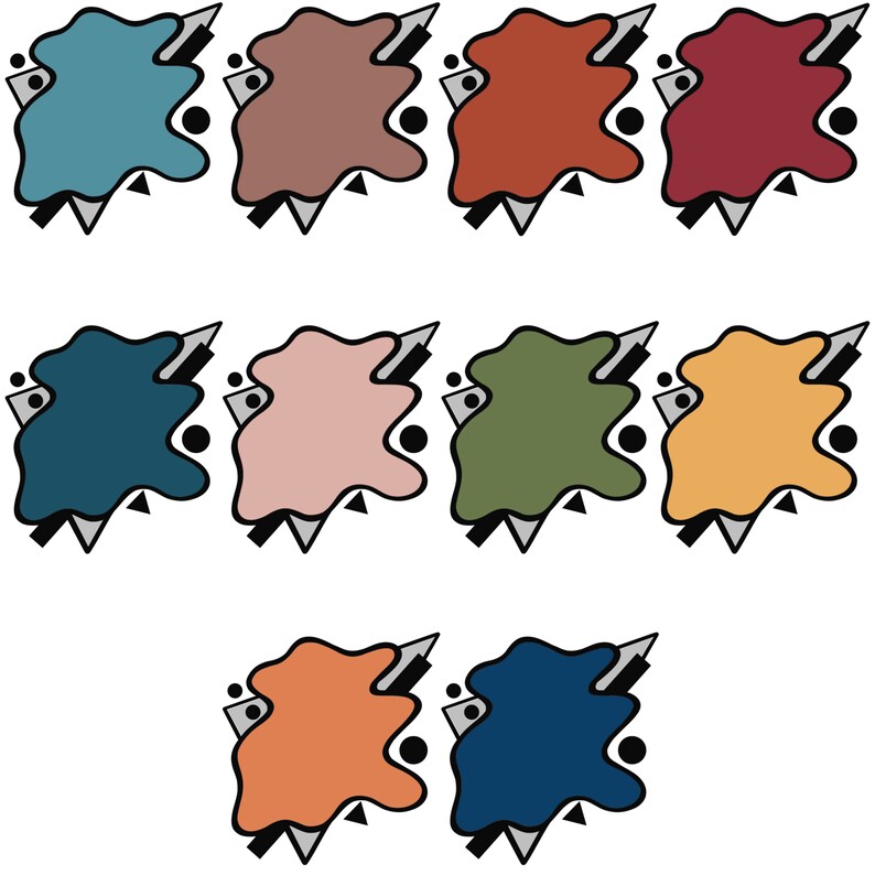 Puede incluir: Diez formas abstractas en varios colores, incluyendo azul verdoso, marr&oacute;n, rojo, rosa, verde, amarillo, naranja y azul. Cada forma est&aacute; delineada en negro y tiene un c&iacute;rculo negro y un tri&aacute;ngulo negro en su interior.