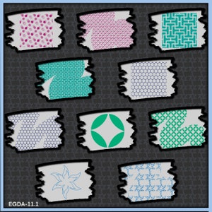 Puede incluir: Nueve recortes de papel con diferentes patrones y bordes desgarrados, cada uno con un dise&ntilde;o &uacute;nico. Los patrones incluyen formas geom&eacute;tricas, motivos florales y dise&ntilde;os abstractos. Los recortes est&aacute;n dispuestos en una cuadr&iacute;cula sobre un fondo gris oscuro.