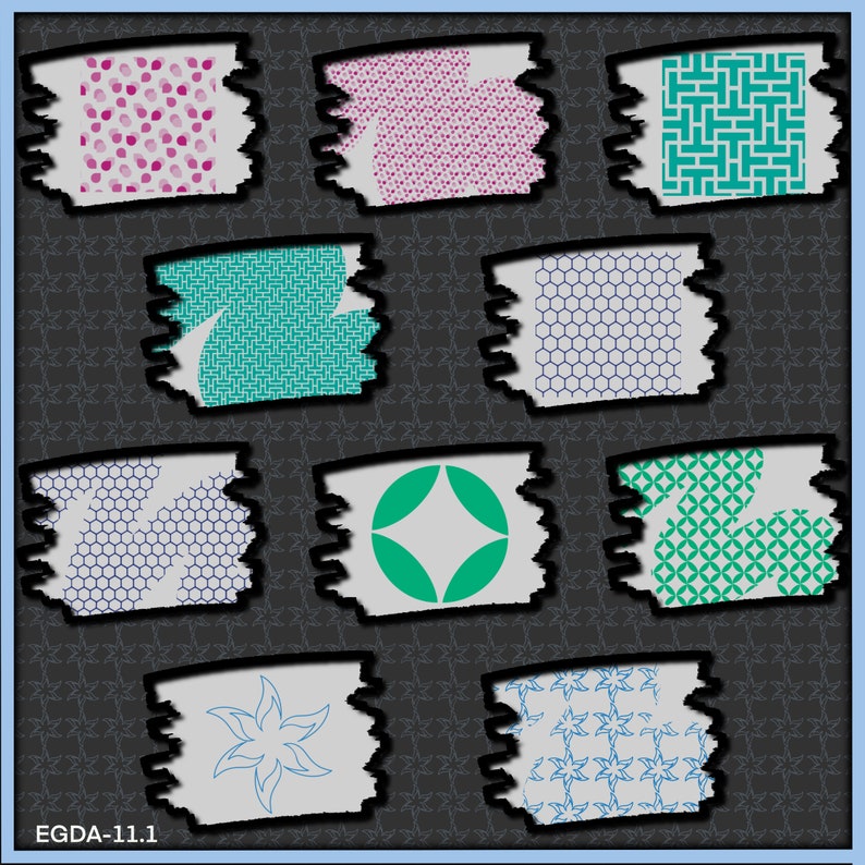 Puede incluir: Nueve recortes de papel con diferentes patrones y bordes desgarrados, cada uno con un dise&ntilde;o &uacute;nico. Los patrones incluyen formas geom&eacute;tricas, motivos florales y dise&ntilde;os abstractos. Los recortes est&aacute;n dispuestos en una cuadr&iacute;cula sobre un fondo gris oscuro.