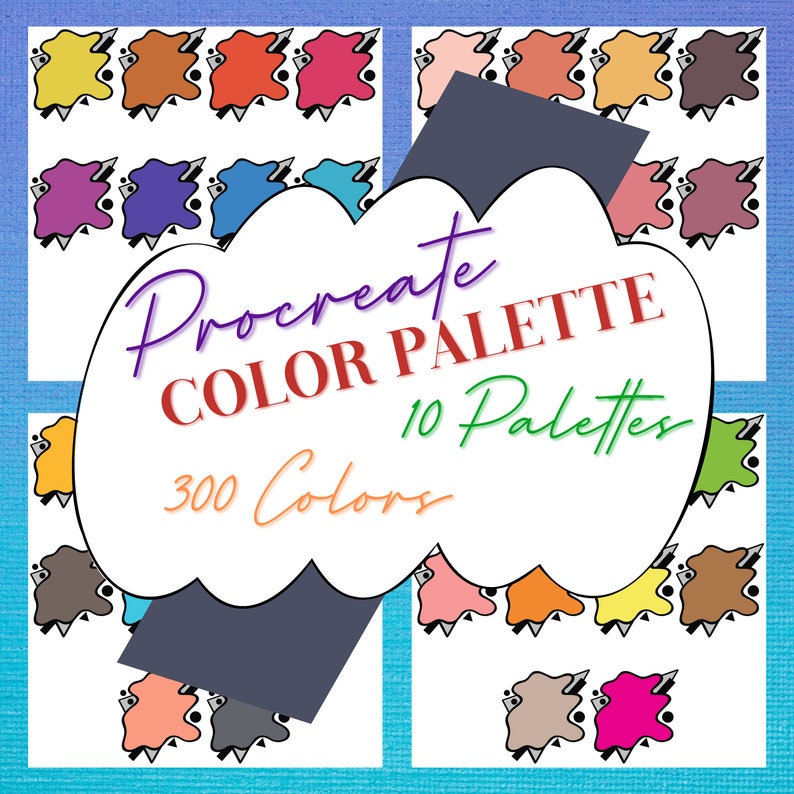 Puede incluir: Una ilustraci&oacute;n digital de una nube con el texto "Procreate Color Palette 10 Palettes 300 Colors". La nube est&aacute; rodeada de 10 filas de muestras de pintura de colores.