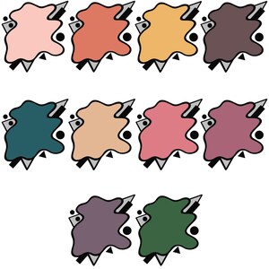 Puede incluir: Un conjunto de diez formas abstractas en varios colores, incluyendo rosa, naranja, amarillo, marr&oacute;n, verde azulado, beige, rojo, morado y verde. Cada forma tiene un contorno negro y un fondo blanco.