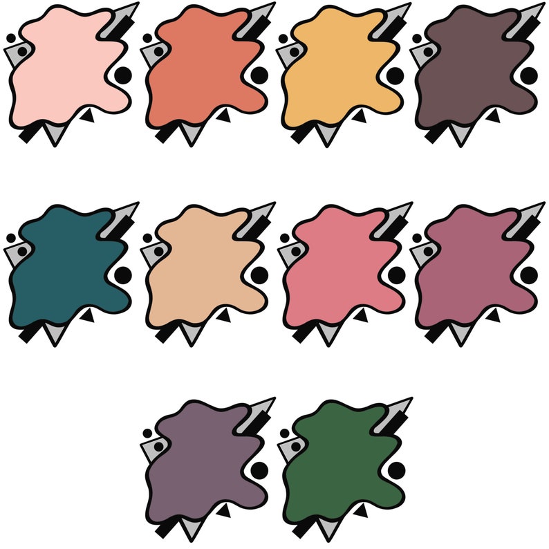 Puede incluir: Un conjunto de diez formas abstractas en varios colores, incluyendo rosa, naranja, amarillo, marr&oacute;n, verde azulado, beige, rojo, morado y verde. Cada forma tiene un contorno negro y un fondo blanco.