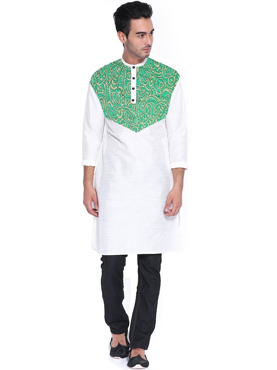 Indian Men/'s 100/% Cotton Shirt Wedding Wear Patchwork Kurta Teal Color Plus Size