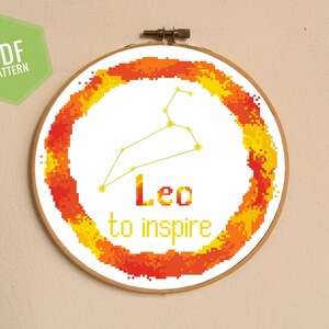 Kreuzstich Sternzeichen LÖWE, Aquarell Feuer Motive, für moderne Wanddeko DIY oder als Geschenk für Bastler