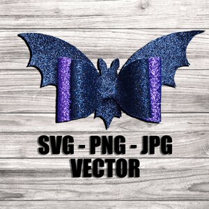 May include: A blue glitter bat bow with purple glitter accents. SVG - PNG - JPG VECTOR.