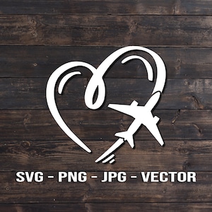 May include: White silhouette of an aeroplane flying through a heart shape on a dark wood background. The text "SVG - PNG - JPG - VECTOR" is below the image.