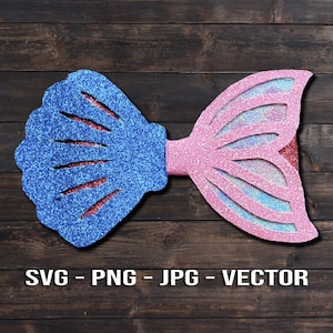 Puede incluir: Una concha de mar azul con purpurina y una cola de sirena rosa con purpurina, ambas con detalles iridiscentes. La cola tiene un borde festoneado y la concha tiene una superficie texturizada. SVG - PNG - JPG - VECTOR.