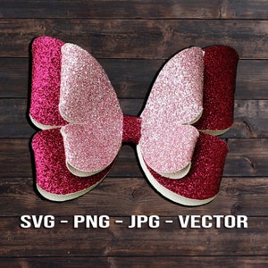 May include: A pink and red glitter bow with a white center. The bow is on a brown wooden background. SVG - PNG - JPG - VECTOR