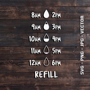 Puede incluir: Un gráfico blanco sobre un fondo de madera marrón con un icono de gota de agua y las horas 8 AM, 9 AM, 10 AM, 11 AM, 12 AM, 2 PM, 3 PM, 4 PM, 5 PM y 6 PM. El texto "REFILL" está en la parte inferior del gráfico.