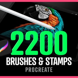 May include: A digital illustration of a colorful parrot on a black background. The text "2200 BRUSHES & STAMPS PROCREATE" is displayed below the image.