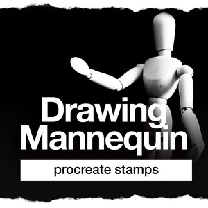 Puede incluir: Imagen en blanco y negro de un maniquí de dibujo de madera con el texto "Drawing Mannequin" y "procreate stamps" debajo.