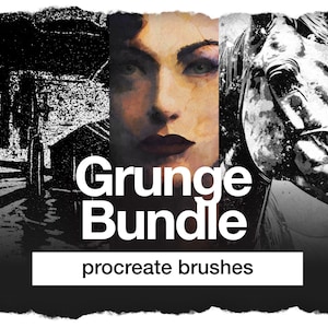 Può includere: Pacchetto pennelli Grunge Procreate. Un prodotto di arte digitale che offre una collezione di pennelli per l'app Procreate. L'immagine mostra un'illustrazione in bianco e nero di un cavallo, un viso di donna e un paesaggio in bianco e nero.