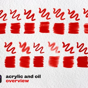 Może przedstawiać: Cyfrowa ilustracja czerwonych pociągnięć farbą akrylową i olejną. Pociągnięcia mają kształt falistej linii i prostokąta. Tekst "acrylic and oil overview" znajduje się na dole obrazu.