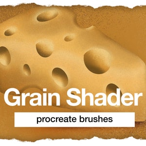 May include: A digital illustration of a wedge of Swiss cheese with holes, on a textured background. The text "Grain Shader" and "procreate brushes" is below the cheese.