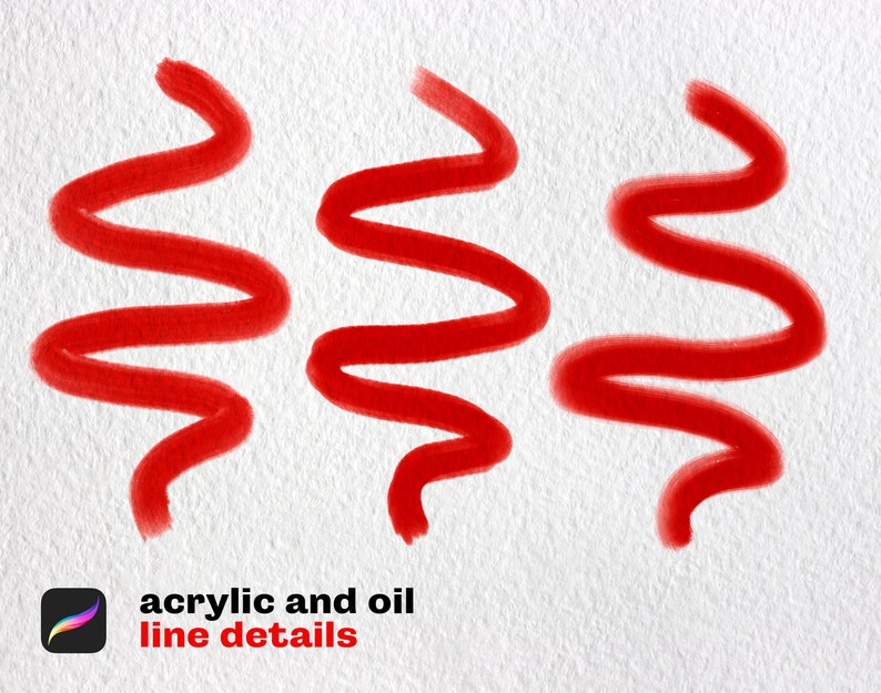Może przedstawiać: Trzy czerwone faliste linie narysowane na białym, teksturowanym tle. Linie są narysowane pędzlem i mają lekko teksturowany wygląd. Tekst "acrylic and oil line details" znajduje się na dole obrazu.
