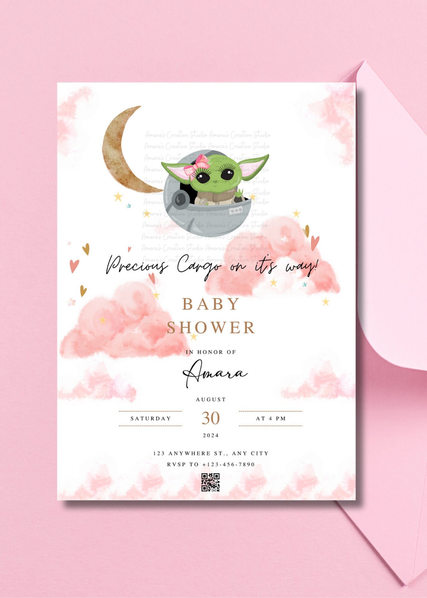 Baby Yoda Girl Baby Shower Invitation, Star Wars Party, Mandalorian, Invitation Template, Yoda Printable, sublimation,