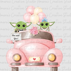 Baby Yoda Ona powiedziała tak ogłoszenie, Baby Yoda, panna młoda i pan młody, zaręczyny, narzeczony, samochód ślubny