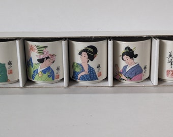 Japanese Sake Ceramic Cup Set Hand-Painted Geisha Girls Boxed with 5 Ceramic Vintage Tea Cups