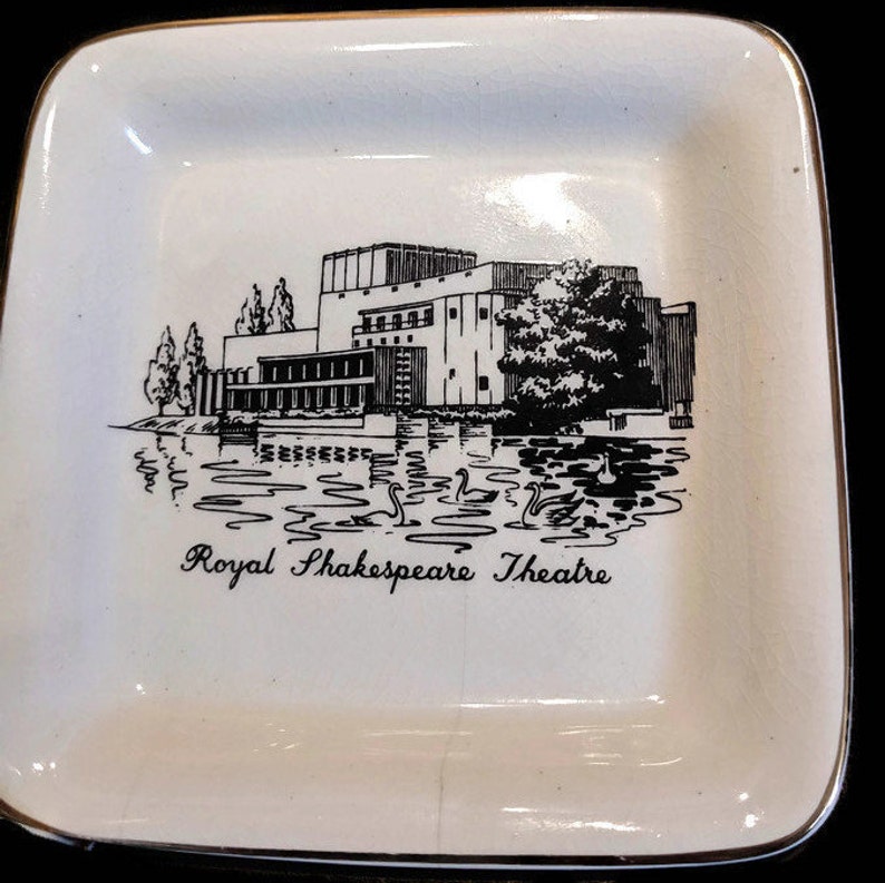 Vintage Sandland Hanley Pottery Staffordshire Inglaterra 4 Plato cuadrado coleccionable Royal Shakespeare Theatre Decoración de mesa imagen 2