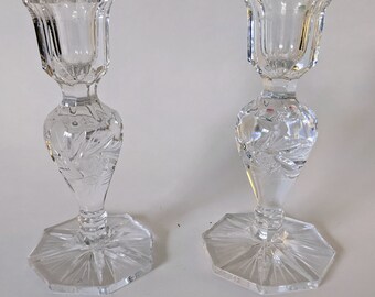 Candle Holders Crystal Etched Clear Heavy Glass Pinwheel Design Vintage mid-80s Set of 2 Pieces