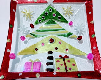 Collectible  Holiday Themed Fused Glass Heavy Plate Hand Painted Christmas Tree Design 12" Square Dish