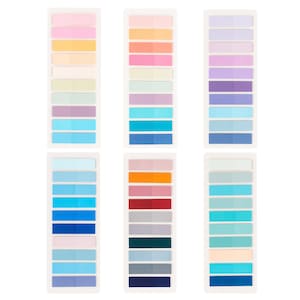 May include: Six sets of colorful sticky notes, each set with 10 notes in different shades of a single color. The colors include pink, orange, purple, blue, teal, red, gray, green, and light blue.