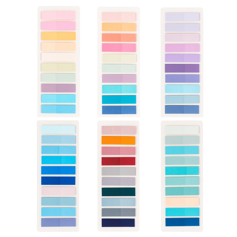 May include: Six sets of colorful sticky notes, each set with 10 notes in different shades of a single color. The colors include pink, orange, purple, blue, teal, red, gray, green, and light blue.