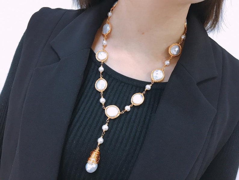 New Style 14K Hand-knitting AAA 13-14MM Natural Freshwater Button Baroque Pearl Long Necklace Sweater Chain Fashion Jewellery