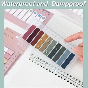 May include: A set of colorful sticky notes with a ruler and a clear plastic sheet. The notes are waterproof and damp proof. The ruler is marked in centimeters. The text on the sheet says "便利貼" and "icky notes".