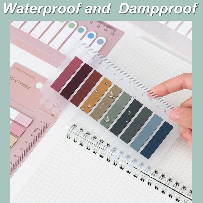 May include: A set of colorful sticky notes with a ruler and a clear plastic sheet. The notes are waterproof and damp proof. The ruler is marked in centimeters. The text on the sheet says "便利貼" and "icky notes".