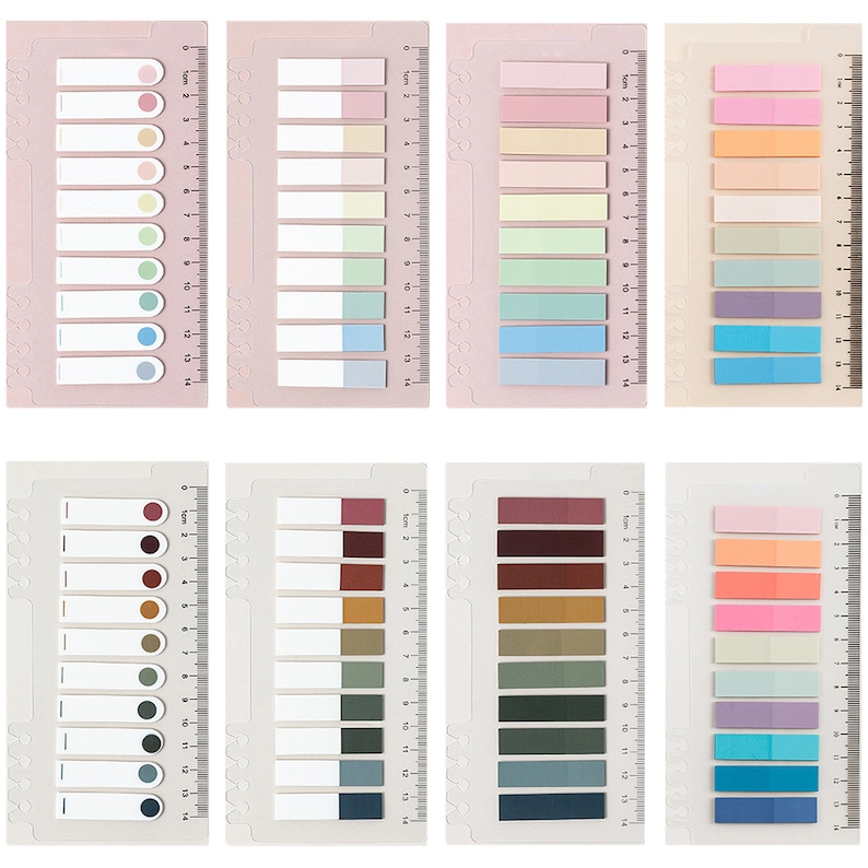 May include: Set of 4 sheets of colorful sticky notes with a ruler on the side. Each sheet has 14 different colored sticky notes with a white border.