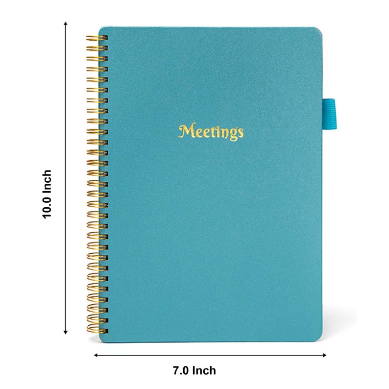 May include: A teal blue spiral bound notebook with a gold coil and a gold inscription that reads "Meetings". The notebook measures 7.0 inches wide by 10.0 inches tall.