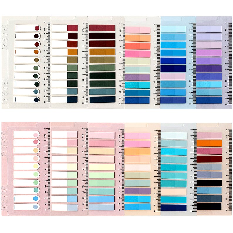 May include: A set of colorful sticky notes with different colors and shades. The notes are arranged in rows and columns, with each row containing a different color. The notes are all the same size and shape, and they are all rectangular. The notes are perfect for adding a pop of color to your planner, journal, or notebook.