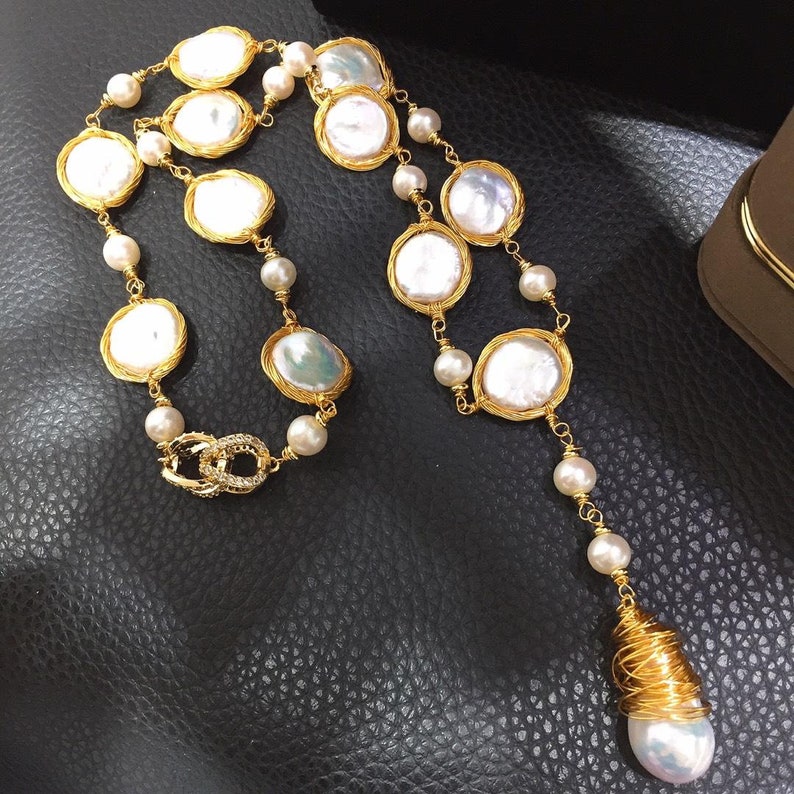 New Style 14K Hand-knitting AAA 13-14MM Natural Freshwater Button Baroque Pearl Long Necklace Sweater Chain Fashion Jewellery