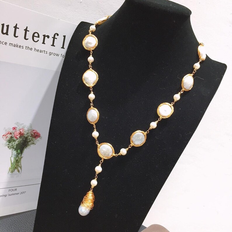 New Style 14K Hand-knitting AAA 13-14MM Natural Freshwater Button Baroque Pearl Long Necklace Sweater Chain Fashion Jewellery