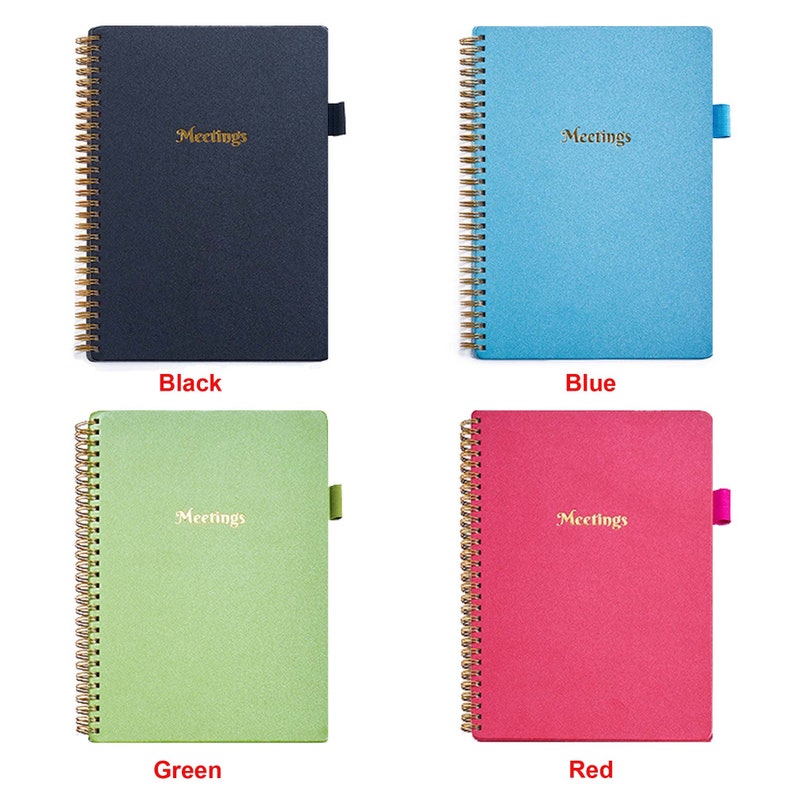 May include: Four spiral bound notebooks in different colors: black, blue, green, and red. Each notebook has the word "Meetings" printed in gold on the front cover.