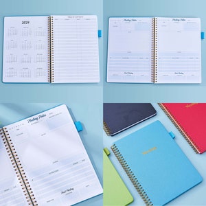 May include: A set of six spiral bound notebooks with different colored covers. The covers are blue, green, red, and light blue. The notebooks have gold spiral binding and the word "Meetings" is printed in gold on the front of each notebook.