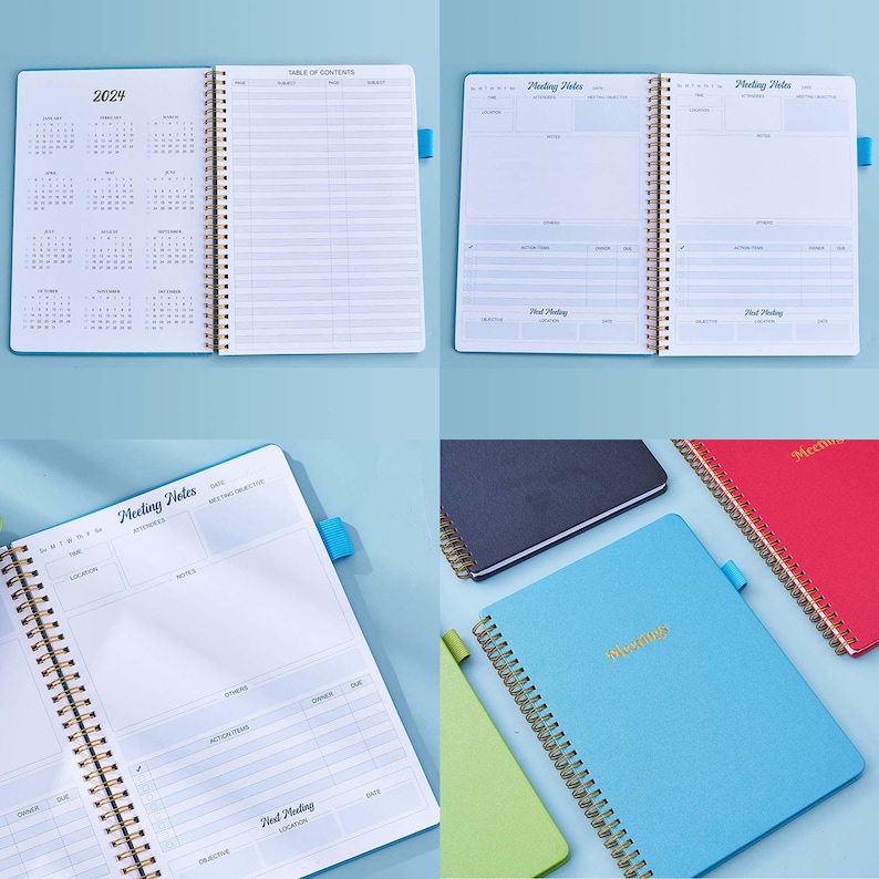 May include: A set of six spiral bound notebooks with different colored covers. The covers are blue, green, red, and light blue. The notebooks have gold spiral binding and the word "Meetings" is printed in gold on the front of each notebook.