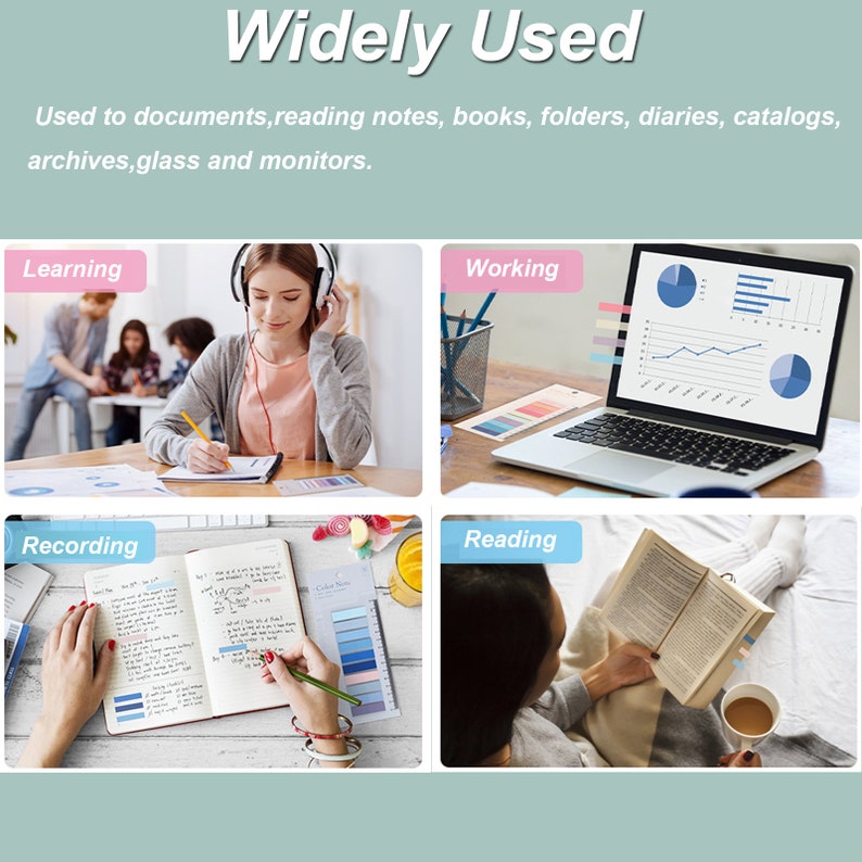 May include: A collage of images showing different ways to use colorful sticky notes. The images show people learning, working, reading, and recording. The text "Widely Used" is at the top of the image. The text "Used to documents, reading notes, books, folders, diaries, catalogs, archives, glass and monitors." is below the title.