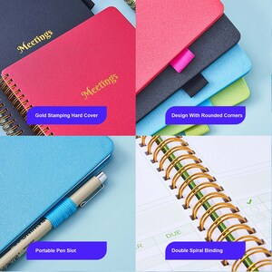 May include: A close-up of a stack of colorful notebooks with gold spiral binding. The notebooks have rounded corners and a gold-stamped hard cover with the word "Meetings". The notebooks have a pen slot and a design with rounded corners.