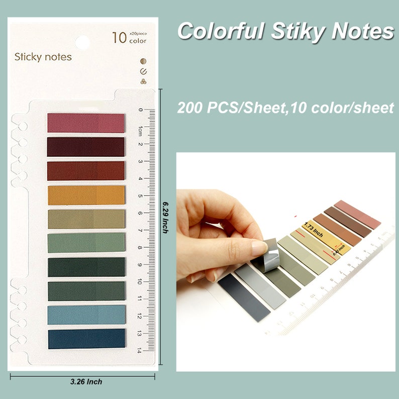 May include: A sheet of 200 colorful sticky notes in 10 different colors. The notes are 1.73 inches wide and 6.29 inches long. The sheet is labeled "Colorful Stiky Notes" and "200 PCS/Sheet, 10 color/sheet".